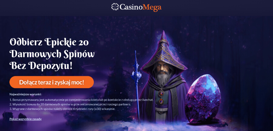 20 darmowych spinów bez depozytu w CasinoMega