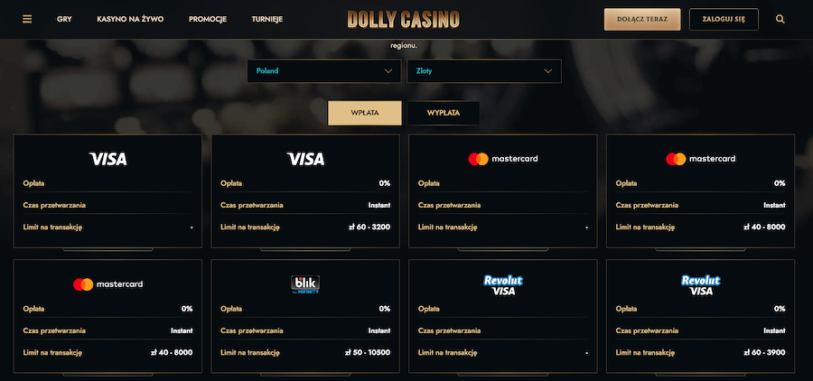 DollyCasino metody wpłaty dla graczy z Polski