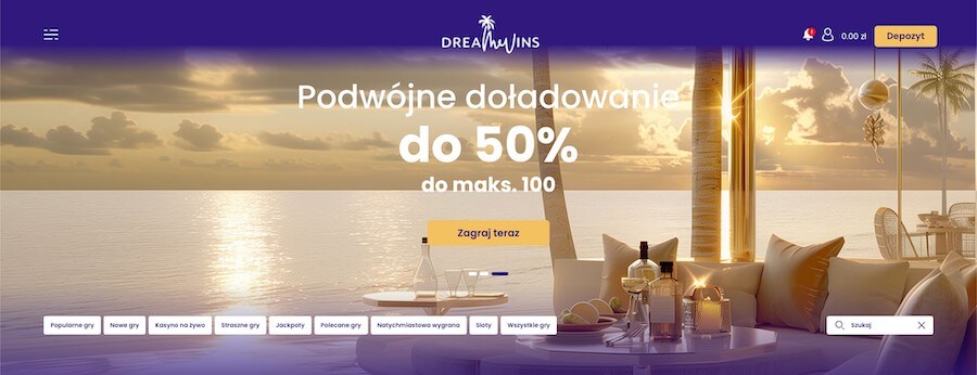 Strona startowa DreamWins i bonus Podwójne Doładowanie.