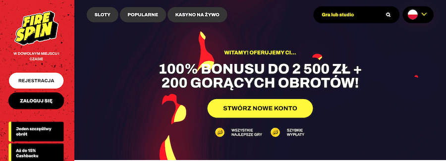 Bonus powitalny 100% do 2500 zł i 200 spinów w Firespin