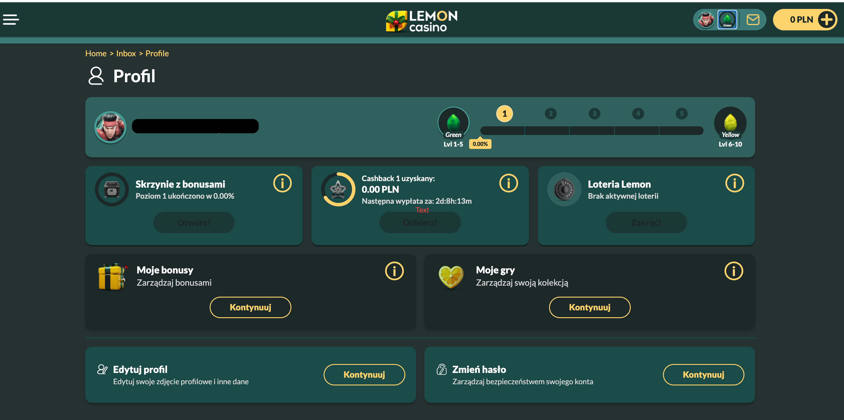 Profil gracza po zalogowaniu się w Lemon Casino 