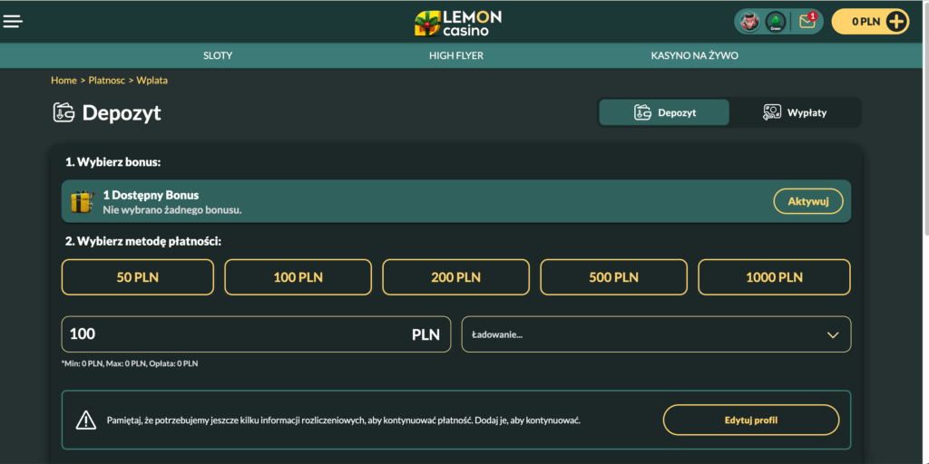 Wpłata depozytu w kasynie Lemon