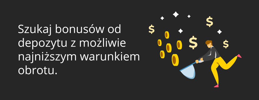 Szukaj bonusów od depozytu z możliwie najniższym warunkiem obrotu.