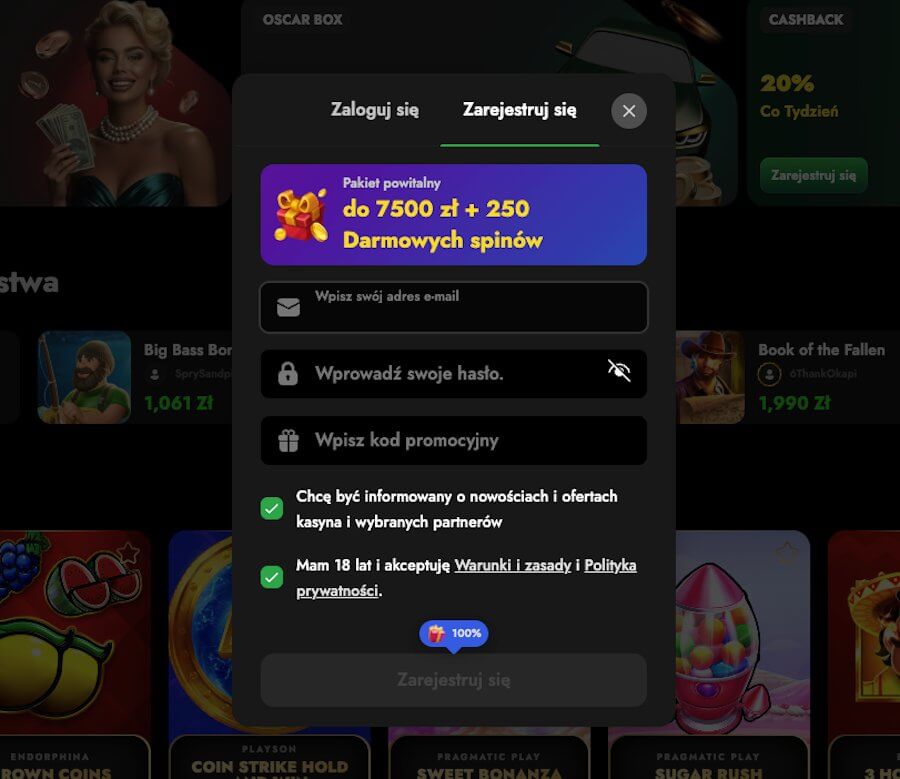 Oscarspin rejestracja nowego gracza i bonus powitalny