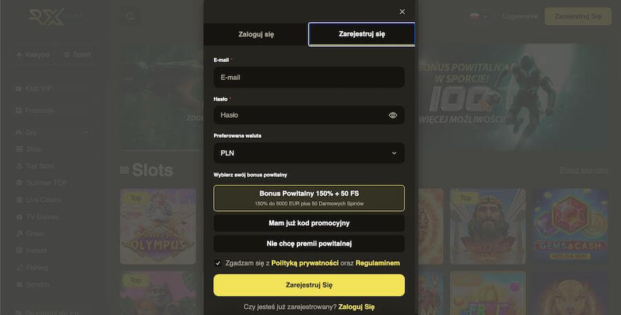 RX Casino okno rejestracji.