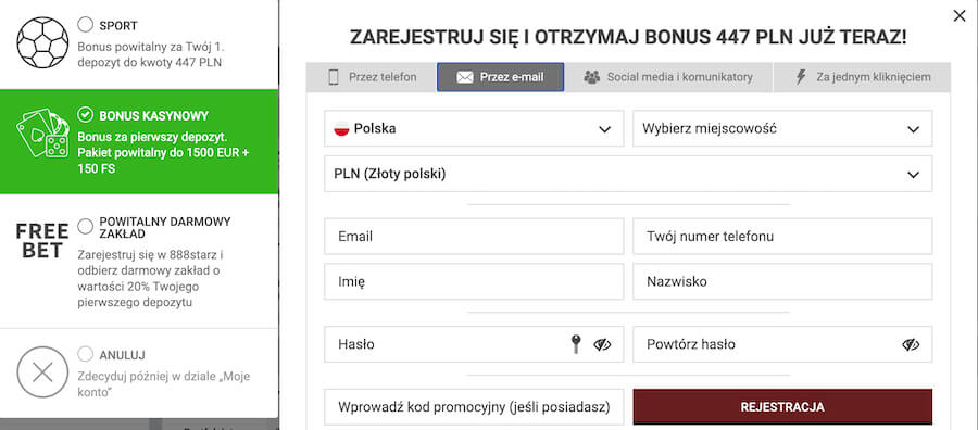 Okno rejestracji poprzez e-mail w 888Straz.