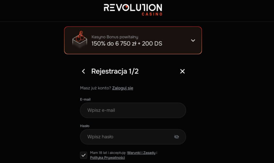 Revolution Casino - rejestracja