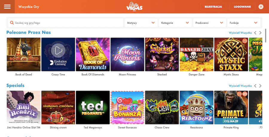 Sekcja gier w kasynie Slotty Vegas