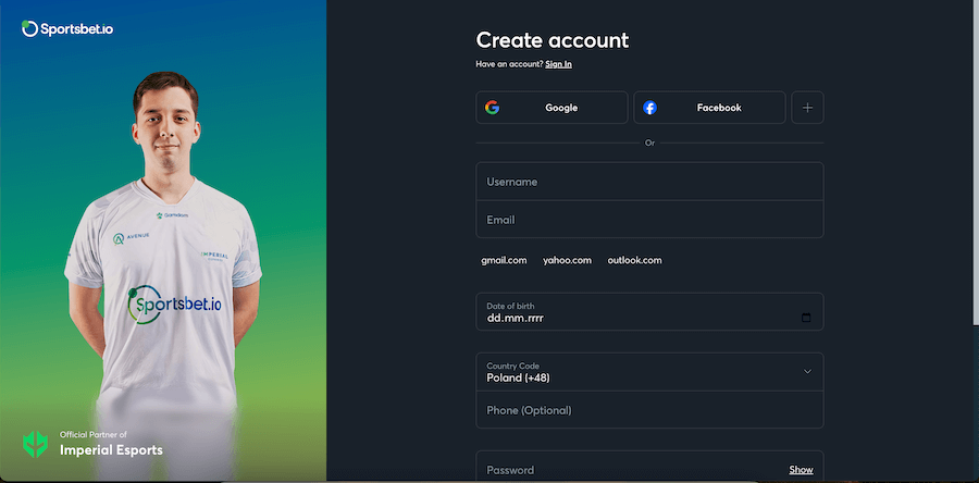 Okno rejestracji Sportsbet.io.