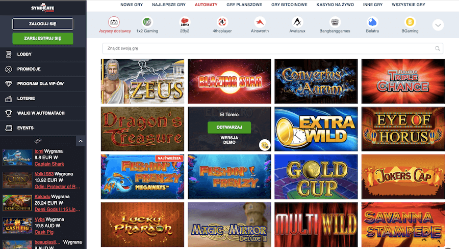 Sekcja gier w Syndicate Casino