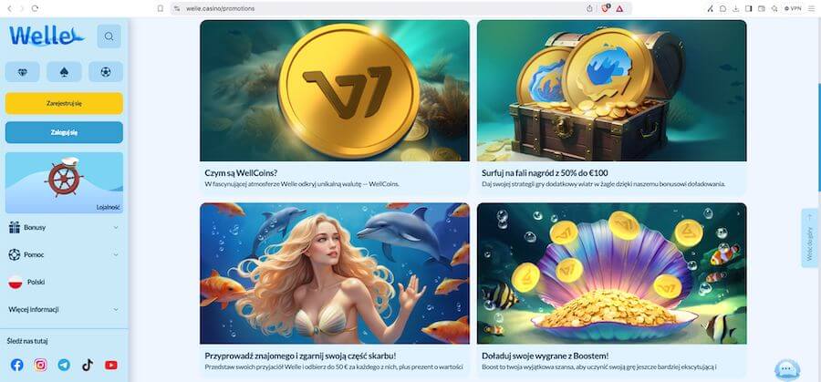 Welle Casino promocje, bonusy i wewnętrzna waluta kasyna WellCoins.