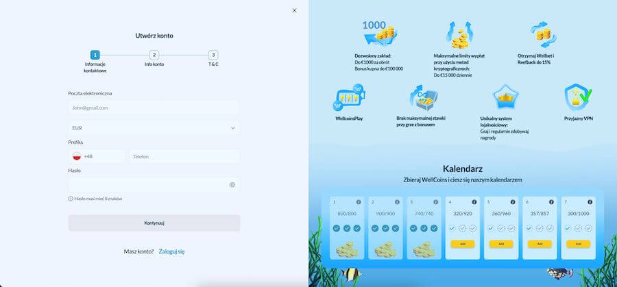 Welle Casino pierwszy etap rejestracji.