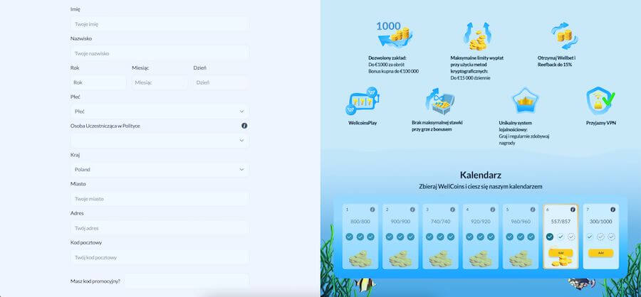 Okno rejestracji w Welle Casino i pola do wpisania danych.