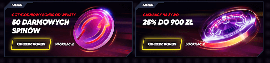 Bonus 50 darmowych spinów w każdym tygodniu i cashback w kasynie na żywo.