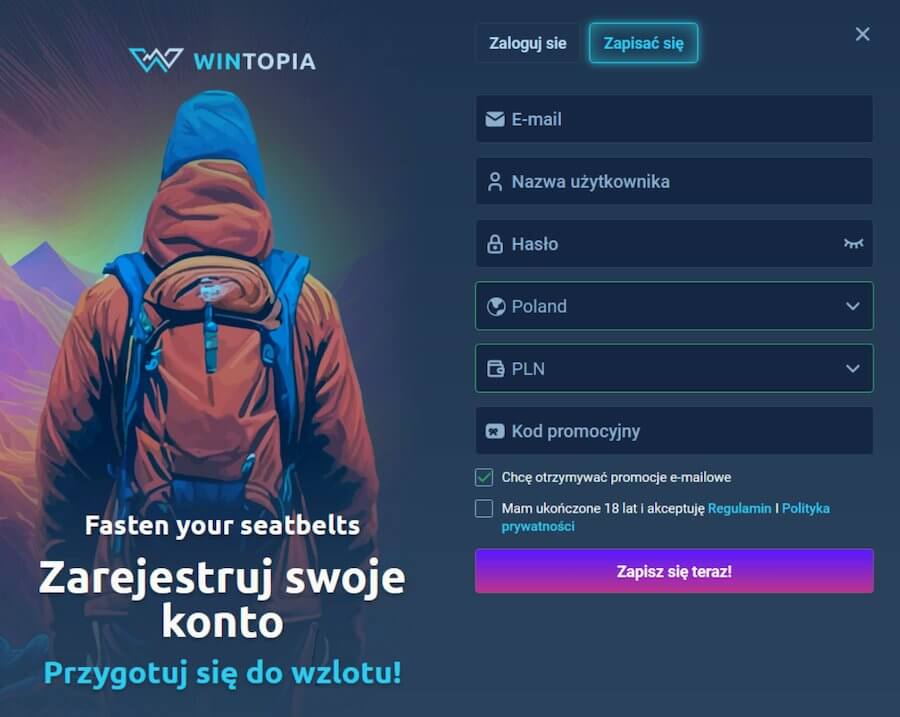 Okno rejestracji Wintopia Casino.