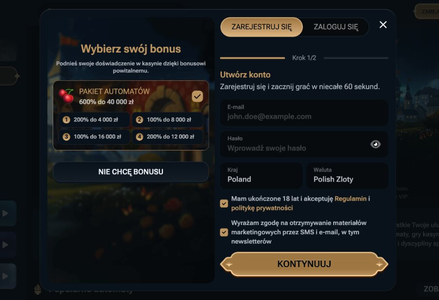 rejestracja konta w kingdom casino