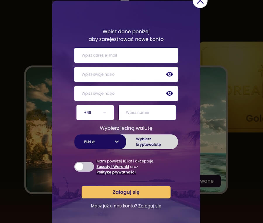 Okno rejestracji w kasynie DreamWins.