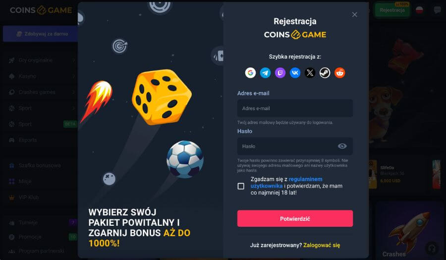 rejestracja w kasynie coins.game