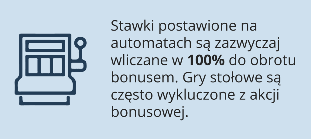 Stawki postawione na automatach są zazwyczaj wliczane 100% do obrotu bonusem